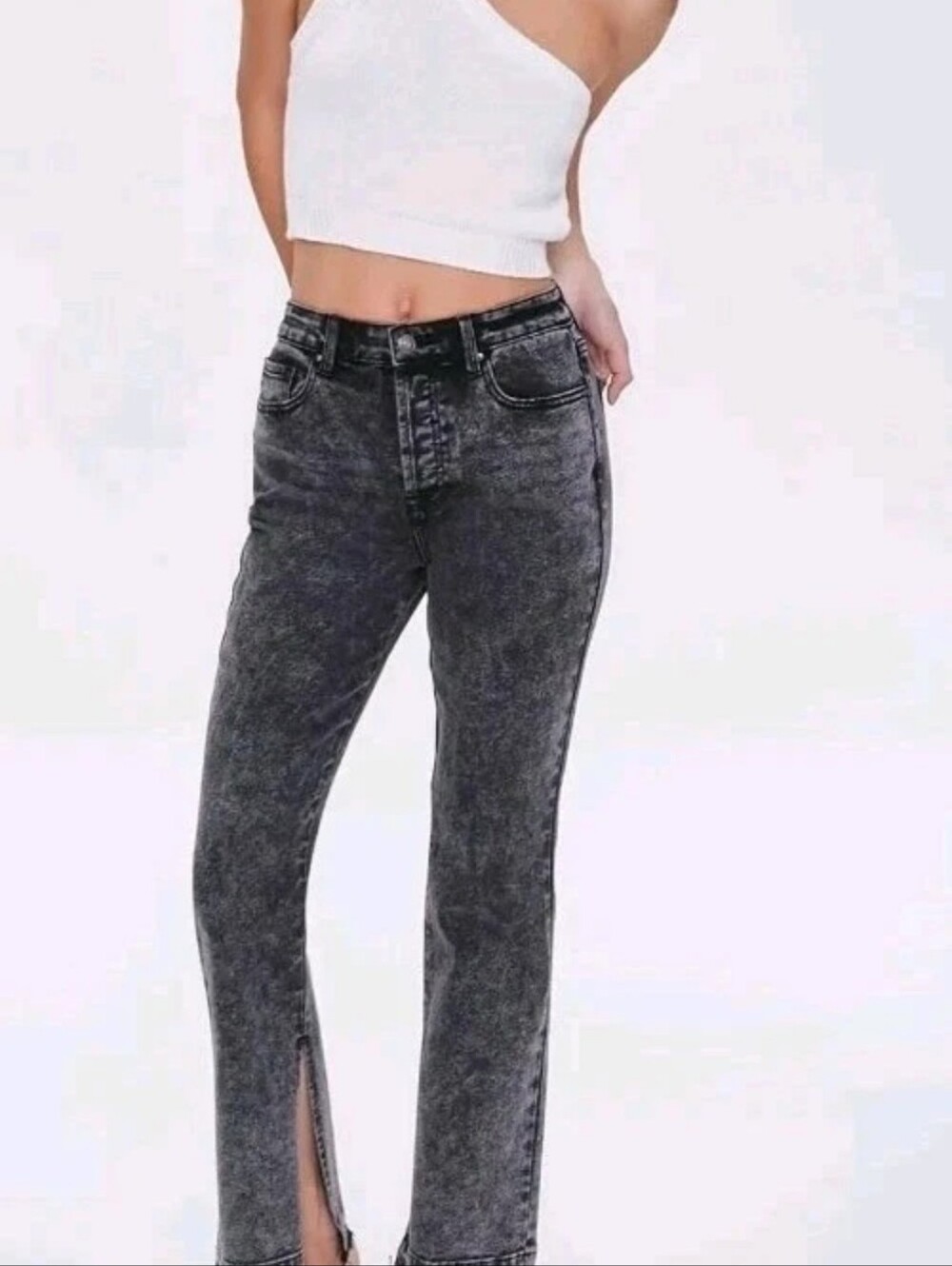 Y2k Forever 21 High Rise Straight Leg Black Wash Slit Ankle Jeans Button Fly 27